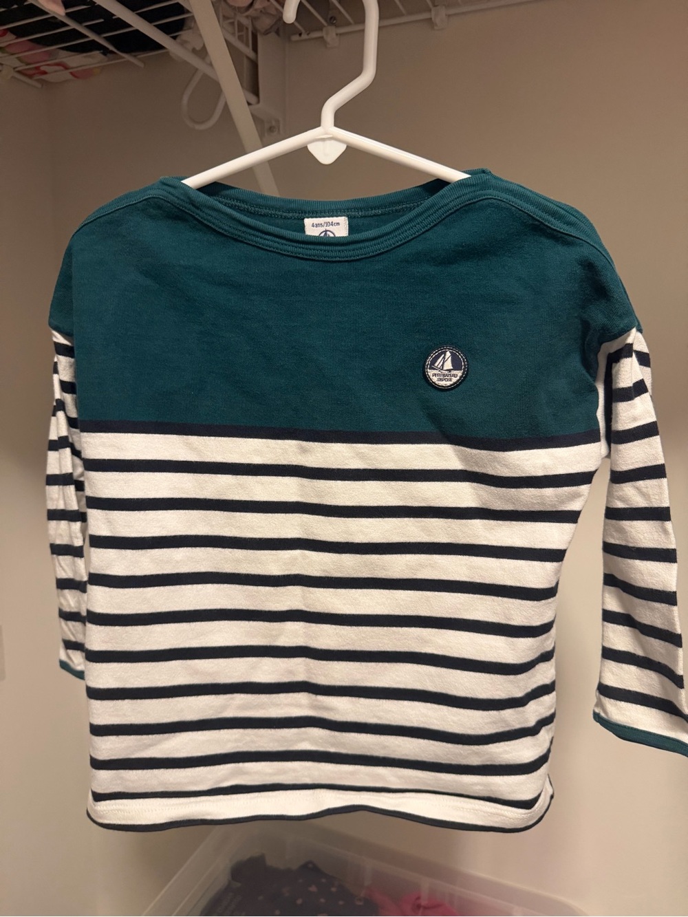 2/$30 Petit Bateau Teal white black Striped Long-Sleeve Tee 3/4 length girl 4T